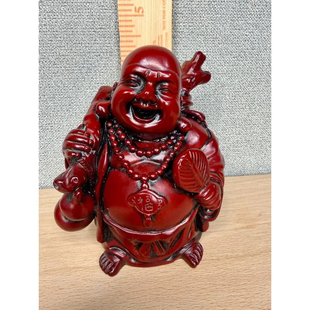 Vintage Red Cinnabar‎ Resin Laughing Buddha Hotei Statue Good Luck Figurine 5